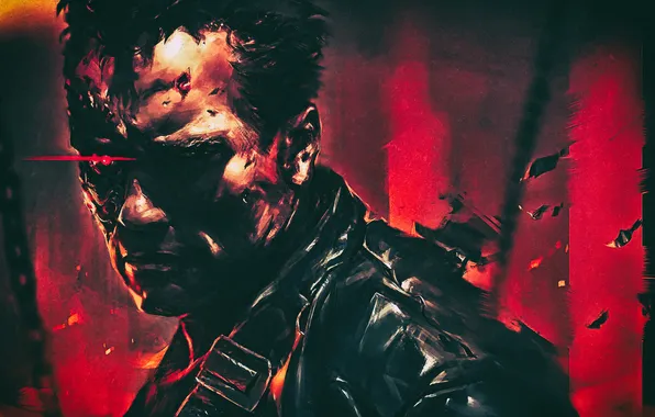 Картинка fire, red, red eyes, Terminator, artwork, drawing, cyborg, Arnold Schwarzenegger