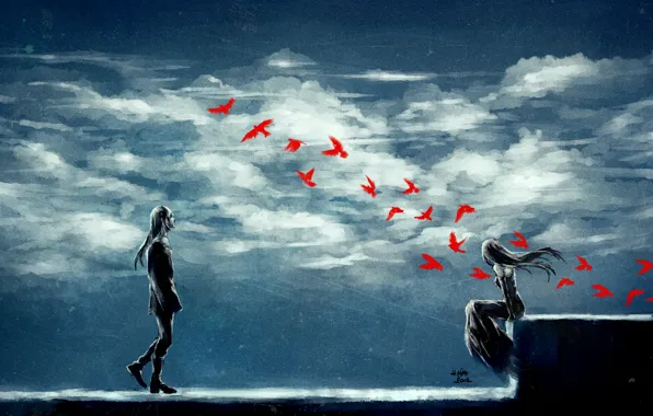 Картинка девушка, облака, птицы, безмятежность, парень, art, nanfe