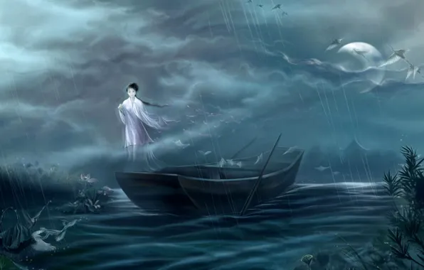 Картинка девушка, ночь, туман, дом, река, дождь, луна, лодка