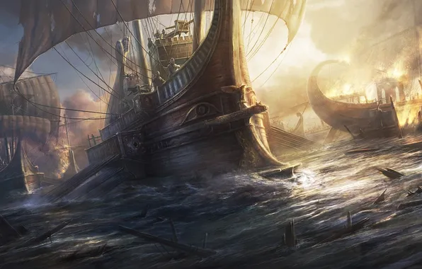Картинка море, обломки, огонь, дым, парусник, корабли, арт, битва