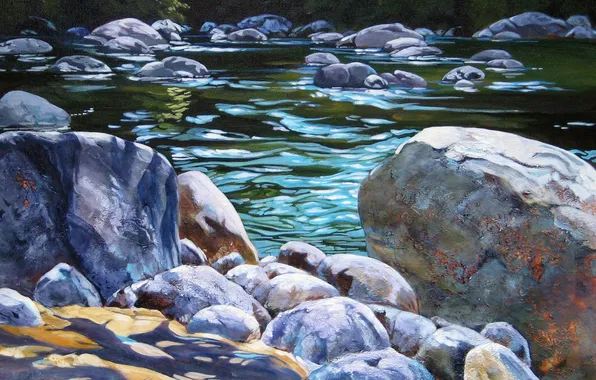 Вода, блики, река, ручей, камни, картина, арт, Carmen Clare