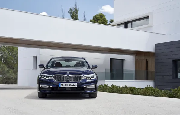 Дом, растительность, BMW, седан, вид спереди, фасад, xDrive, 530d
