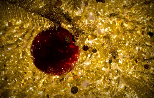 Картинка красный, игрушка, шар, Рождество, золотой, мишура, Christmas, New Year
