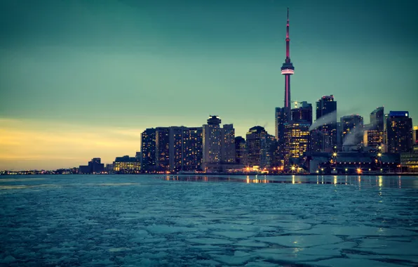 Картинка город, огни, лёд, Торонто