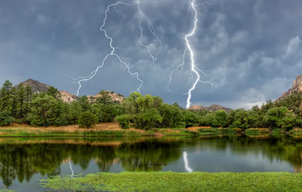 Картинка лес, горы, озеро, молния, Аризона, Arizona, Granite Basin Lake