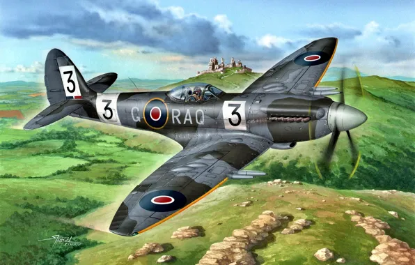 Картинка истребитель, artwork, RAF, поршневой, Supermarine, Великoбритaния, Spitfire F.Mk.22