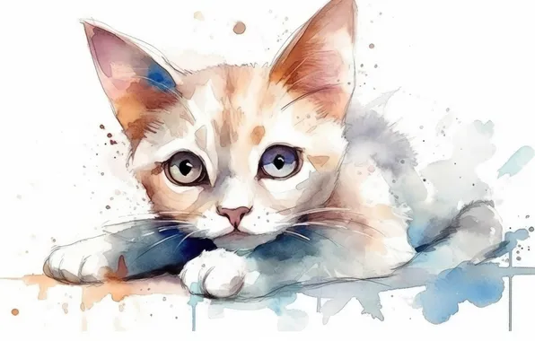 Кошка, белый, кот, взгляд, поза, котенок, лапки, акварель