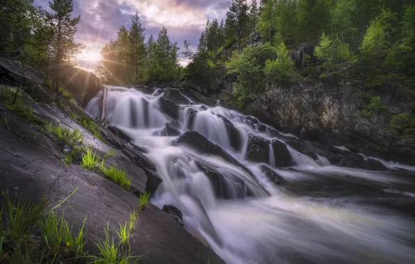 Картинка деревья, река, камни, скалы, водопад, Норвегия, каскад, Norway