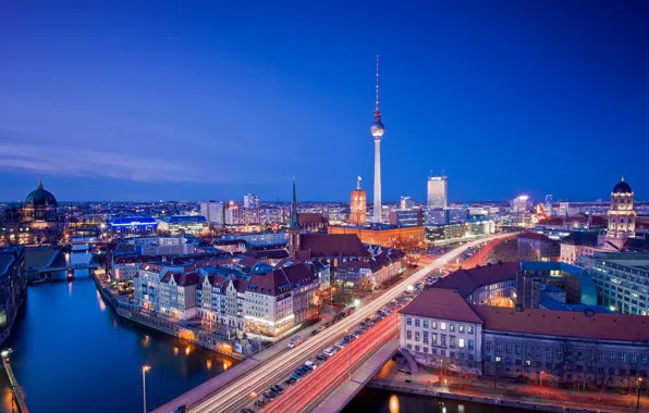 Germany, Berlin, blue hour, cityscape, Fernsehturm