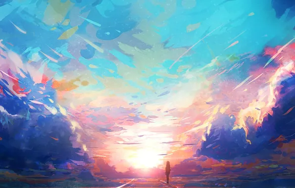 Картинка дорога, небо, девушка, облака, закат