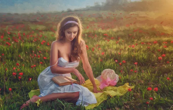 Картинка девушка, цветы, настроение, луг, арт, книга, Evgeny Loza