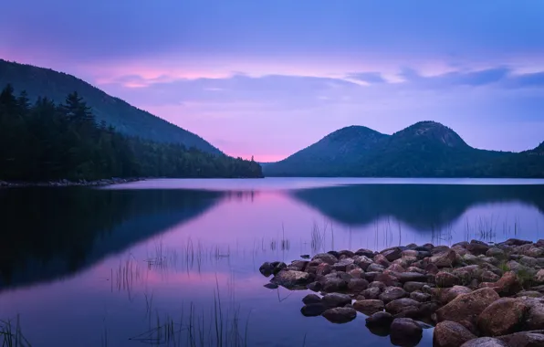 Картинка закат, горы, озеро, пруд, отражение, камни, Maine, Мэн