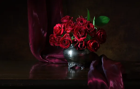 Картинка стиль, розы, букет, ткань, ваза