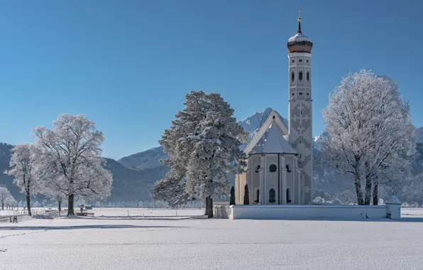 Картинка зима, деревья, горы, Германия, Бавария, Альпы, церковь, Germany
