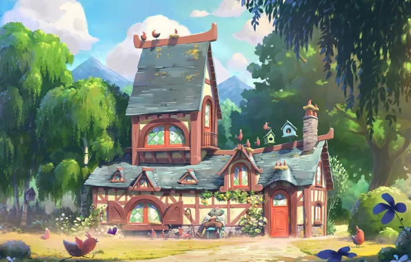 Лес, горы, дом, птички, The bird house