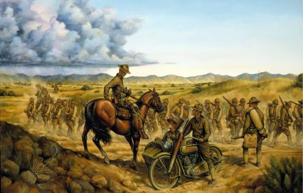 Картинка люди, война, лошадь, мотоцикл, солдаты, Arizona, мексика, On the Border by Donna Neary