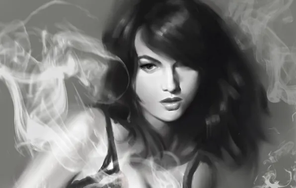 Девушка, дым, рисунок, арт, черно-белое, монохромное