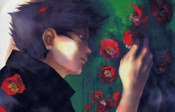 Грусть, рука, art, на траве, Sasuke Uchiha, в профиль, Naruto Shippuden, Yamato
