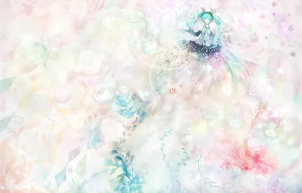 Картинка девушка, цветы, наушники, арт, микрофон, vocaloid, hatsune miku, вокалоид