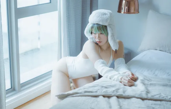 Beautiful, Asian, Model, Winter, Glass, Bed, Woman, Hat