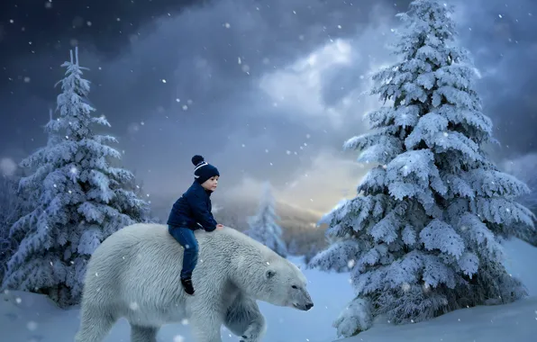Зима, снег, мальчик, ели, белый медведь, ребёнок, верхом, фотоарт