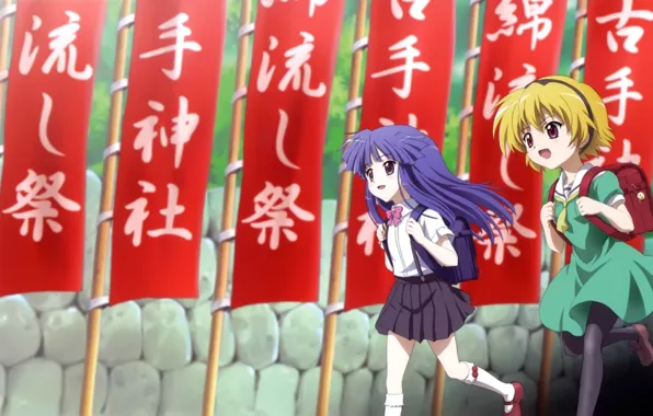 Иероглифы, флаги, подруги, когда плачут цикады, ранец, higurashi no nako koro ni, rika furude, satoka