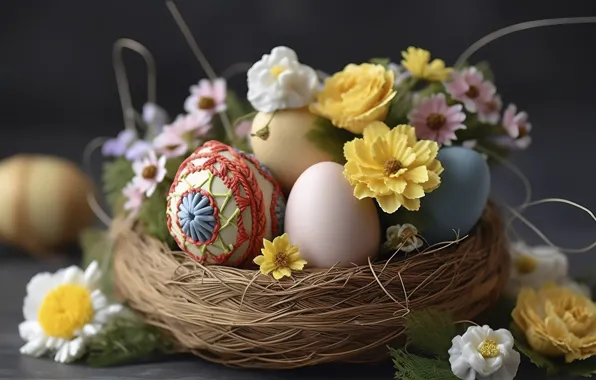 Цветы, стол, праздник, яйцо, яйца, букет, весна, Пасха