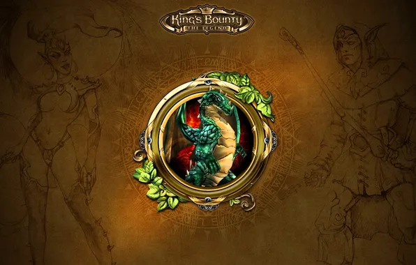 Листья, дракон, эльфы, коричневый фон, название, King's Bounty: The Legend