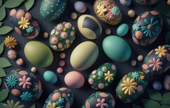 Цветы, фон, яйца, Пасха, разноцветные, крашенки, нейросеть