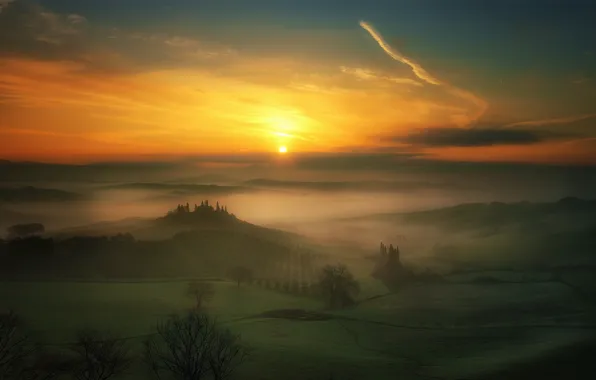 Картинка туман, рассвет, Солнце, Sun, fog, sunrise, Тоскана, Tuscany