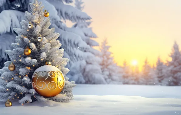 Зима, снег, украшения, елка, шар, Новый Год, Рождество, golden