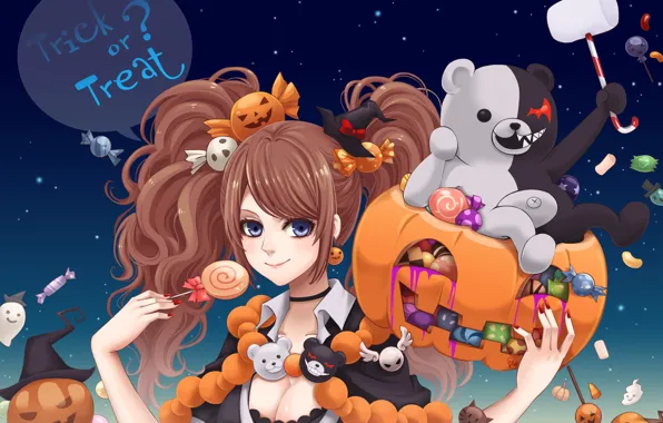 Картинка девушка, игрушка, арт, конфеты, тыквы, halloween, сладкое, привидение
