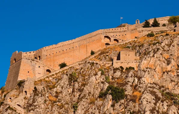 Картинка небо, скала, стена, Греция, крепость
