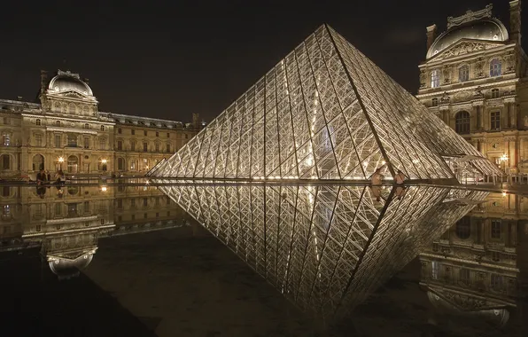Картинка ночь, огни, Париж, Лувр, пирамида