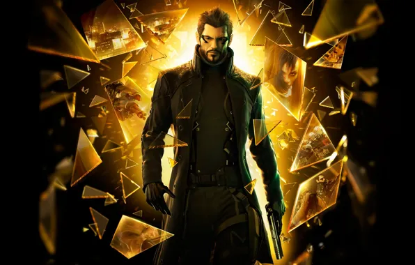 Картинка Deus Ex: Human Revolution, изображения на стёклах, куски стёкл
