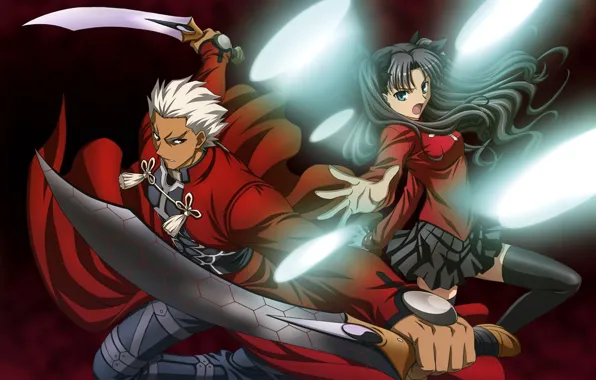 Аниме, fate stay night, Рин, Арчер, судьба ночь схватки