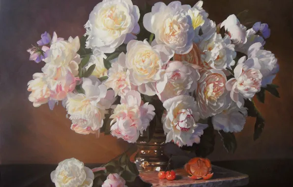 Картинка цветы, апельсин, букет, картина, ваза, фрукты, натюрморт, черешня