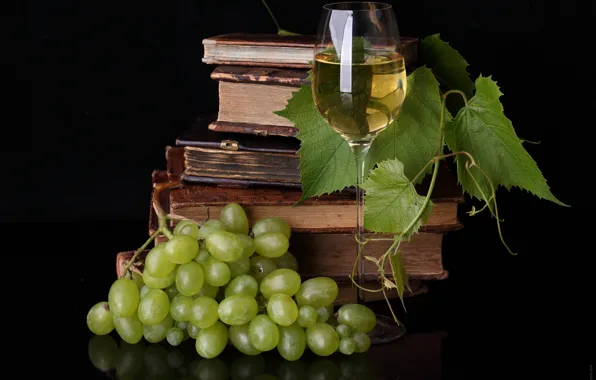Стол, вино, бокал, книги, виноград, лиана, пища для ума