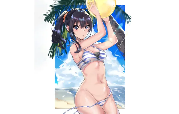 Girl, sexy, cleavage, beach, long hair, sea, boobs, anime