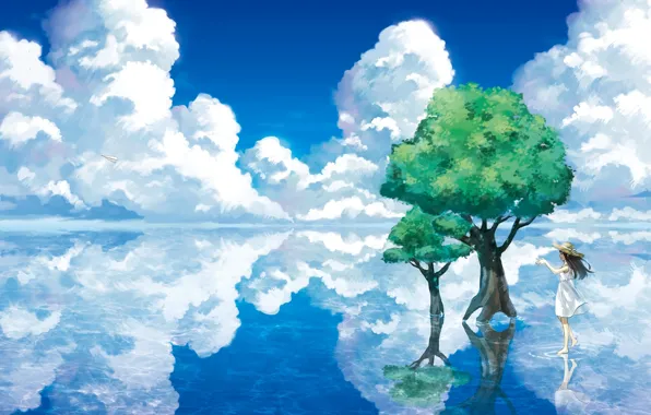 Картинка вода, облака, деревья, пейзаж, озеро, отражение, шляпа, арт