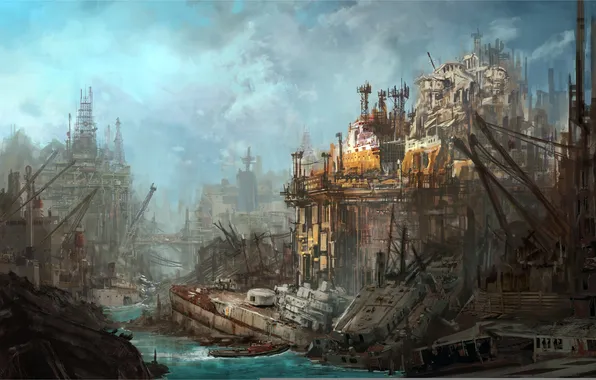 Картинка город, корабли, остов, арт, разруха, руины, док