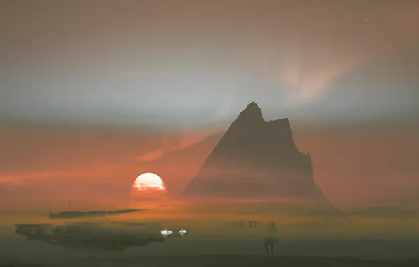 Картинка солнце, закат, фантастика, скалы, дым, гора, арт, танк
