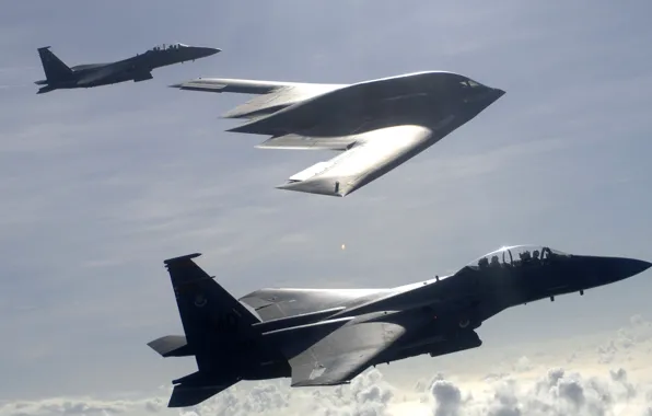 Картинка небо, полет, американцы, истребители, B-2, бомбардировщик, сопровождение, F-15E