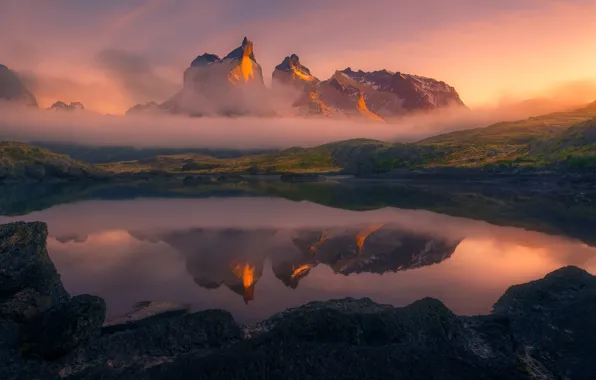 Картинка горы, туман, озеро, утро, Анды, Патагония