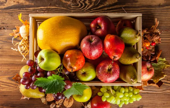 Картинка осень, яблоки, урожай, виноград, тыква, фрукты, ящик, овощи