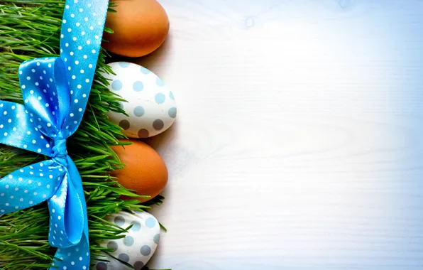Картинка трава, фон, праздник, яйца, Пасха, лента, бант, Easter