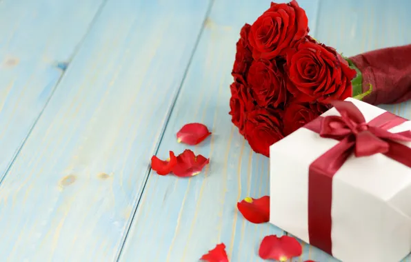 Картинка цветы, подарок, розы, букет, лепестки, красные, red, love