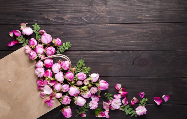 Картинка цветы, розы, букет, розовые, бутоны, wood, pink, flowers