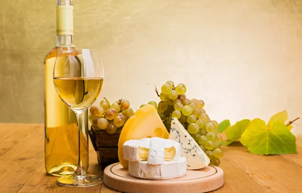 Картинка вино, белое, бокал, бутылка, сыр, виноград, дор блю, камамбер