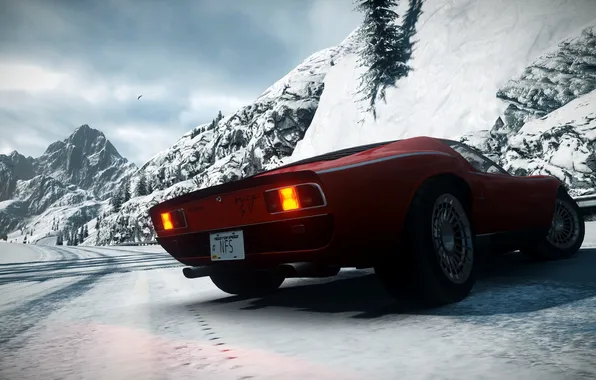 Картинка дорога, снег, горы, спорткар, классика, ракурс, Need for Speed The Run, Lamborghini Miura SV